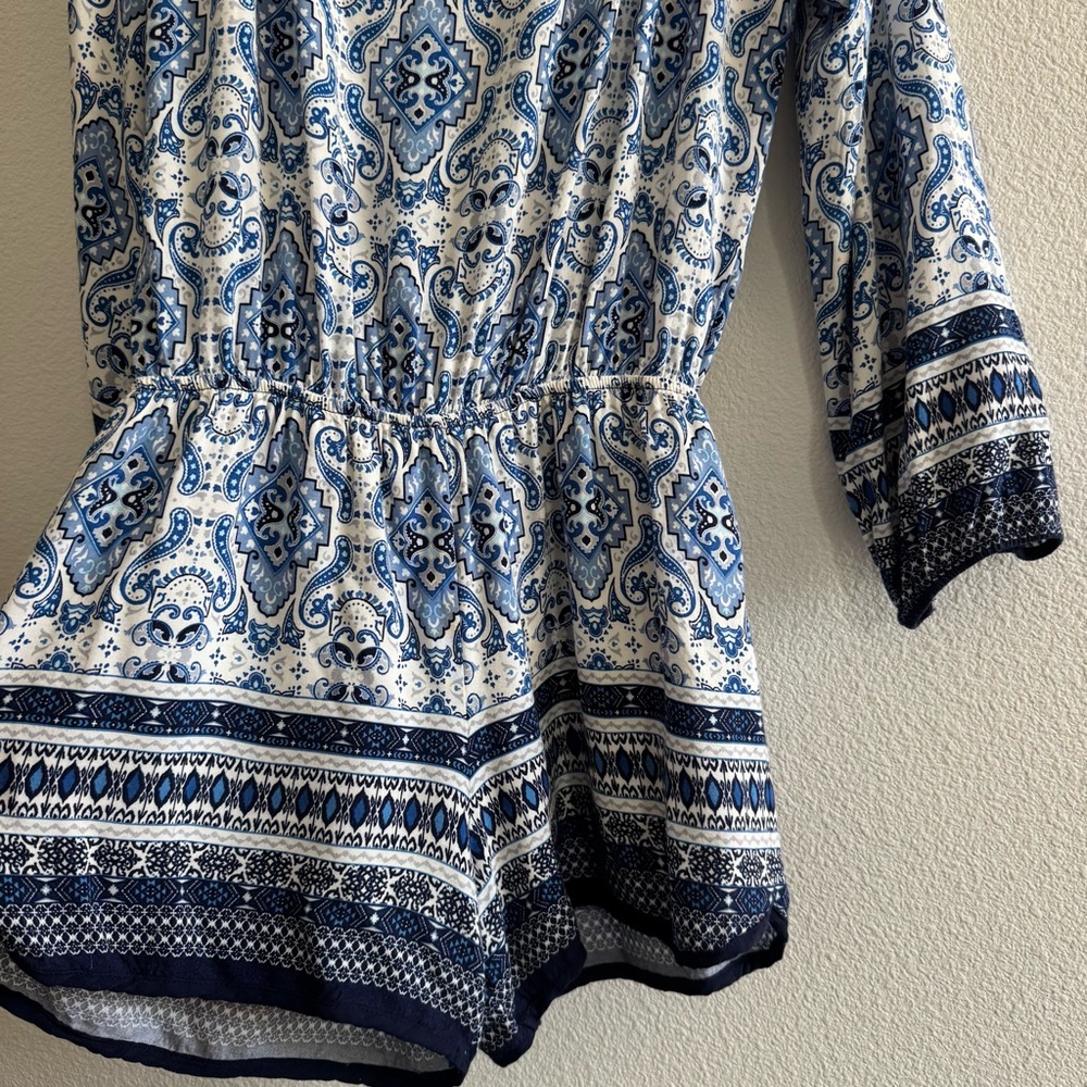 Athropologie Elevenses Basia Romper Long Sleeve V Neck Boho Blue Coastal Resort - Picture 6 of 13